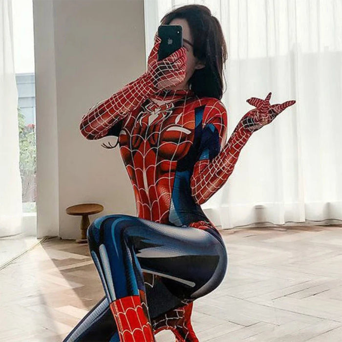 Spiderman Cosplay Sexy Zentai Bodysuit für Damen und Mädchen, Overall im schwarzen Spiderman-Kostüm für Halloween und Karnevalsparty