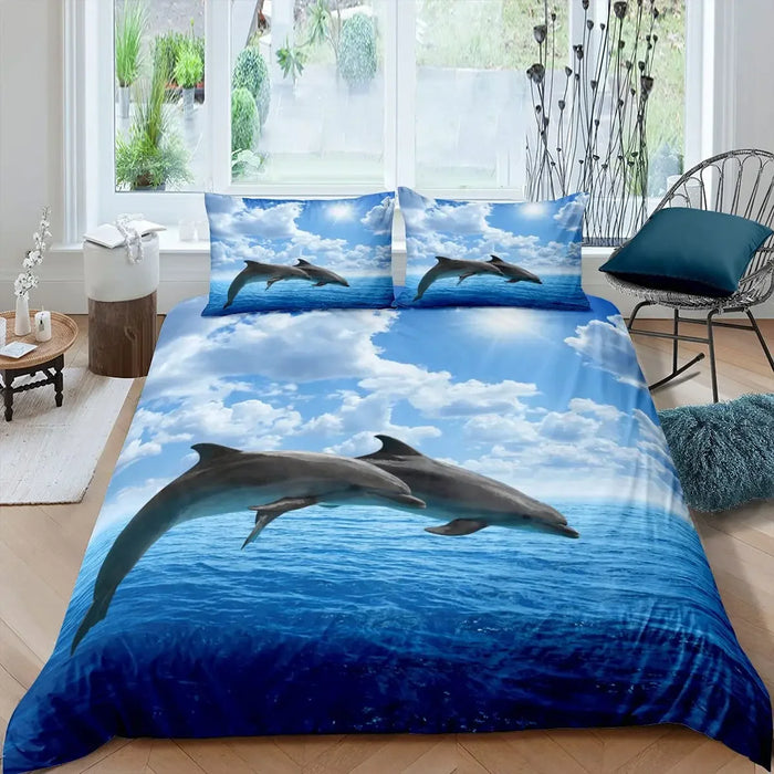 Juego de cama 3D con motivo de delfines - Motivo de mar azul en tamaño Queen y King para niños y adultos