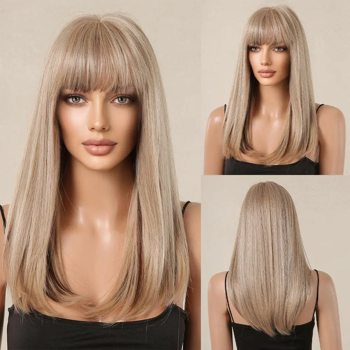 Perruque blonde avec mèches brunes – Perruque synthétique longue et lisse pour femme, aspect naturel avec frange, résistante à la chaleur pour cosplay