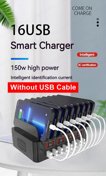 Chargeur rapide 150 W avec 16 ports USB – Station de charge universelle pour iPad, iPhone 14/13, Samsung S22, Xiaomi et tablettes