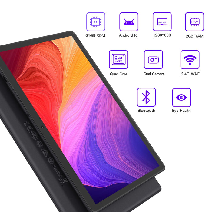 PRITOM 10-Zoll-Tablet mit SIM-Kartensteckplatz, Android 10, 64 GB, Quad Core, Touchscreen, WLAN, GPS, Unterstützung für 3G und Telefonanrufe