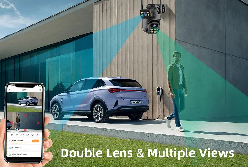 BELIA 8MP 4K WiFi Caméra de surveillance PTZ extérieure à double objectif avec détection humaine AI, zoom numérique 4X et vision nocturne couleur