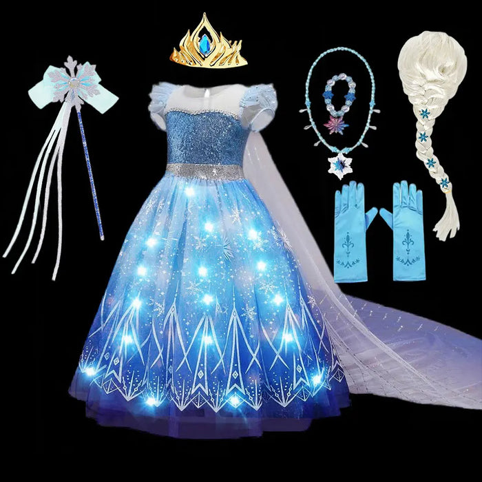 Vestido de juego de rol de Elsa de Disney con luces para niños - Halloween, Carnaval congelado, Vestido de cumpleaños para niñas, Chaleco brillante