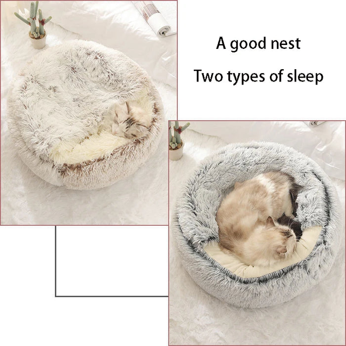 Round cat bed with soft and warm plush material - sleeping nest for small dogs and kittens