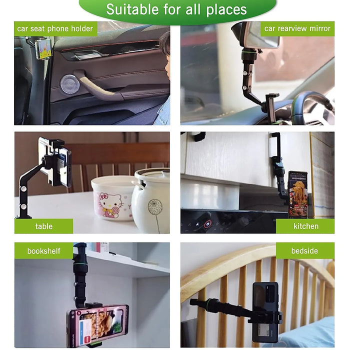 Support de rétroviseur pour téléphone avec rotation à 360° et fonction extensible - Support de voiture multifonctionnel pour toutes les voitures
