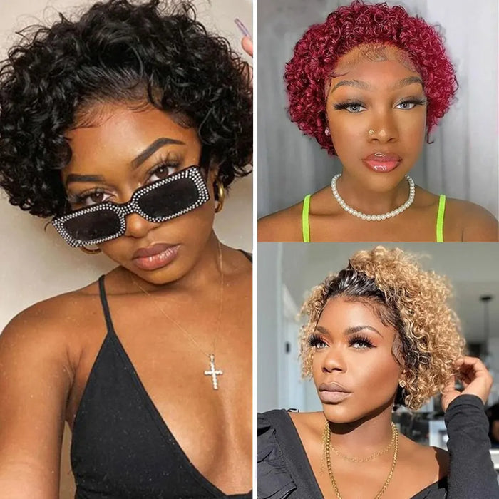 Short Curly 13*1 Lace Front Human Hair Wigs for Women - Short Curly Brazilian Water Wave Bob Wig 13x1 Transparent Lace Wig