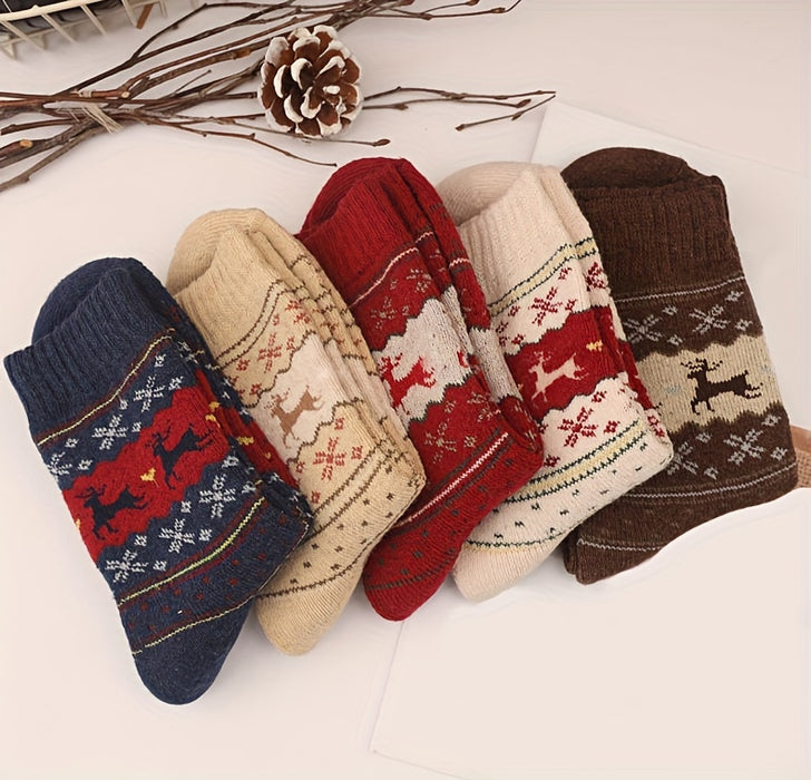 5 paires de chaussettes épaisses à motif d'élan - Chaussettes de Noël confortables et chaudes pour femmes