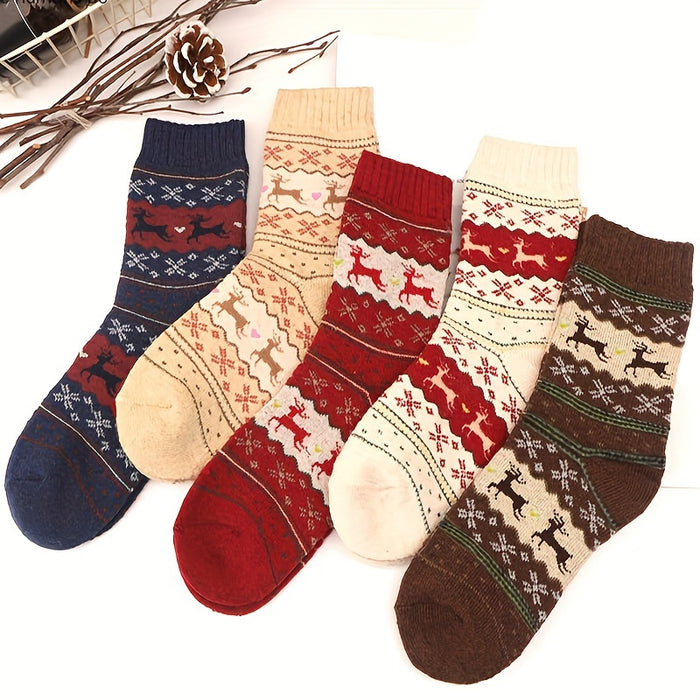 5 paires de chaussettes épaisses à motif d'élan - Chaussettes de Noël confortables et chaudes pour femmes