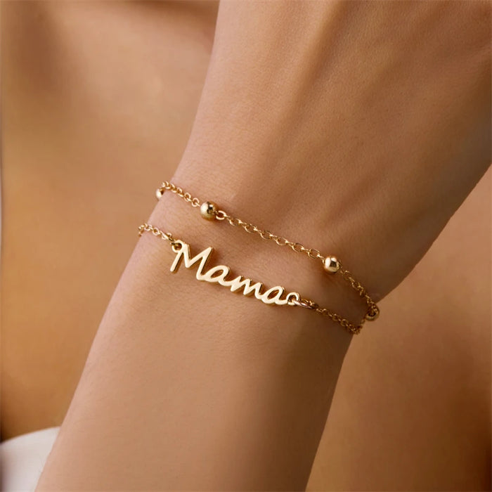 Elegant "Mama" Double Chain Charm Bracelet for Women - Stylish Metal Bangle Gift in 3 Colors for Mother's Day