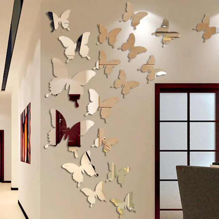 Paquet de 12 papillons miroir 3D pour décoration murale – autocollants amovibles pour mariages et chambres d'enfants