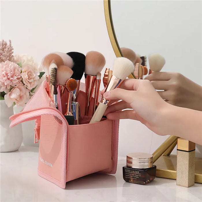 Makeup Brush Holder for Travel - Waterproof Cosmetic Bag, Foldable Makeup Mug with Zipper (Black + Pink)