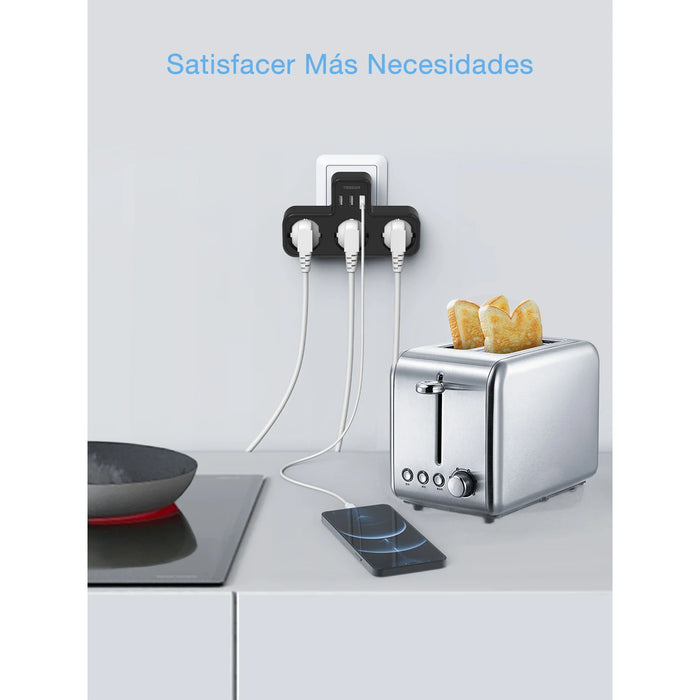 Enchufe TESSAN EU con 3 salidas de CA + 3 puertos USB, cargador de pared 6 en 1 con protección contra sobrecarga para el hogar