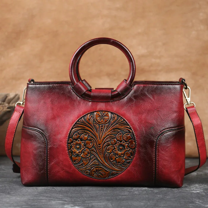 Elegant Handmade Floral Embossed Leather Shoulder Bag - Vintage Large Capacity Handbag for Women