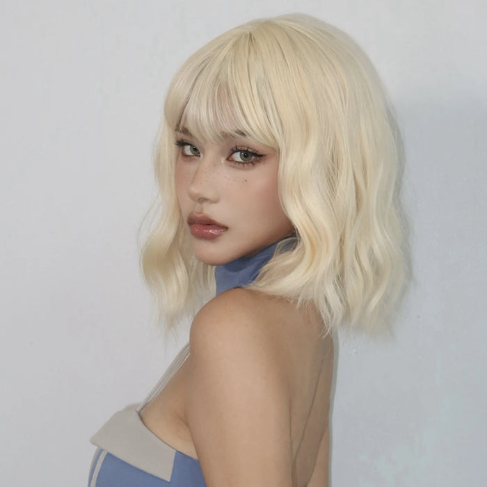 Short Curly Blonde Bob Wigs with Bangs in Platinum Gold for Lolita Cosplay - Heat Resistant Wigs for Women for Daily Wear and Party