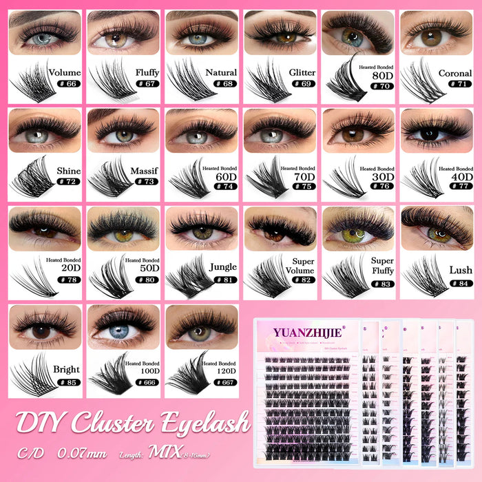 Gemischte Farben 144 Russisches Volumen YUANZHIJIE Falsche Wimpern Natürliche weiche DIY-Cluster-Wimpern Süßer Fuchs-Regenbogen-Wimpern