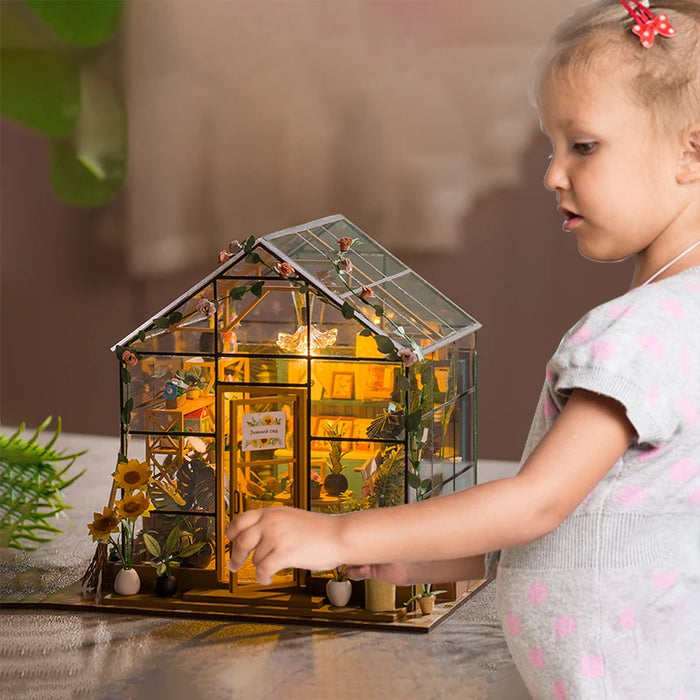 Mini maison de fleurs en bois à faire soi-même - Puzzle de maison de poupée 3D avec meubles et décorations