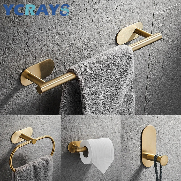 YCRAYS Juego de accesorios de baño dorados sin perforación con soporte para papel higiénico, toallero, toallero y perchero