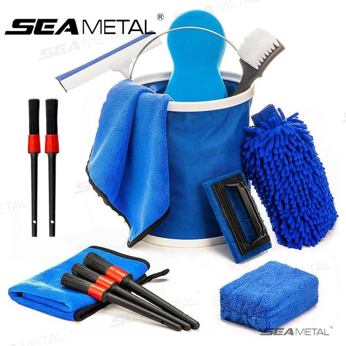 SEAMETAL 13-Piece Complete Car Care Kit with Brushes, Towels, Mitts, and Bucket for Ultimate Vehicle Maintenance