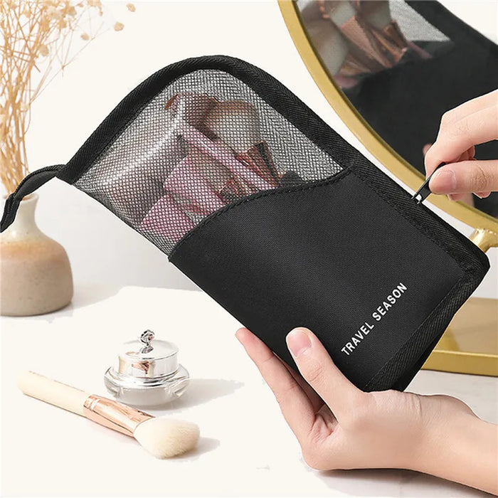 Makeup Brush Holder for Travel - Waterproof Cosmetic Bag, Foldable Makeup Mug with Zipper (Black + Pink)