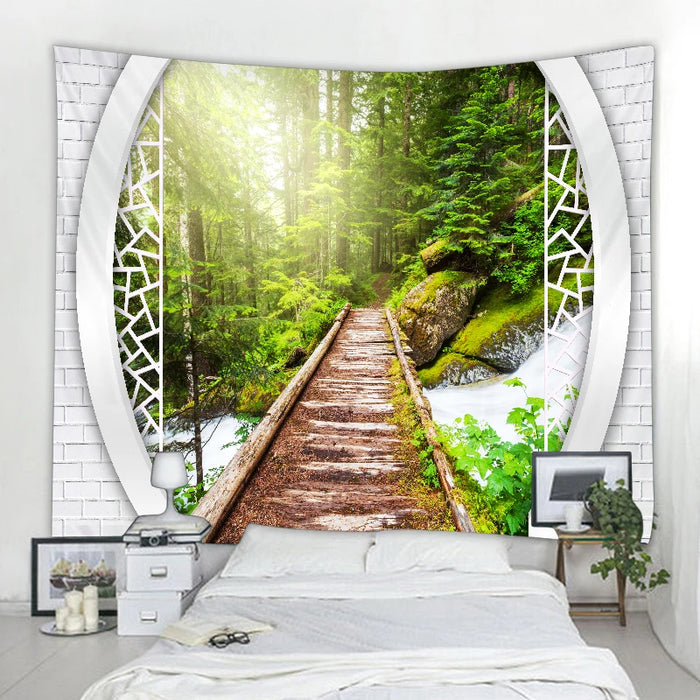 Magnifique papier peint cascade nature avec imprimé forêt et paysage marin - décoration murale hippie de style bohème avec motif mandala