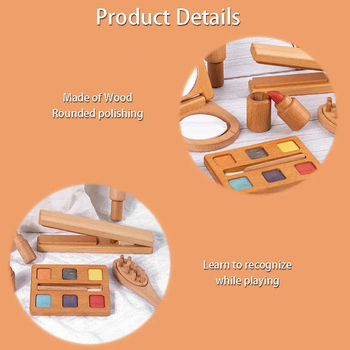 Spiel-Make-up-Set aus Holz für Mädchen – simulierte Schönheitsprodukte mit Lippenstift und Lidschatten – perfektes Geschenk für Kleinkinder