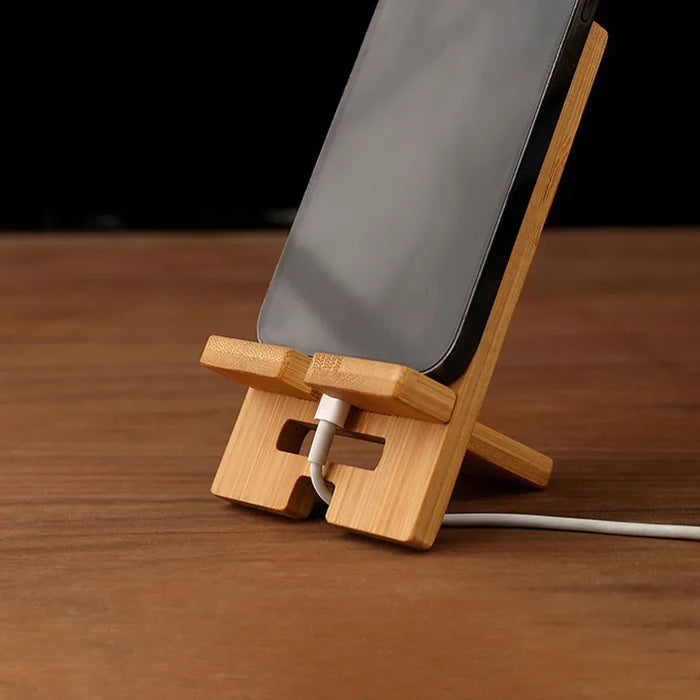 Soporte para teléfono de escritorio de bambú: práctico soporte de madera para teléfono inteligente con función de carga y diseño creativo