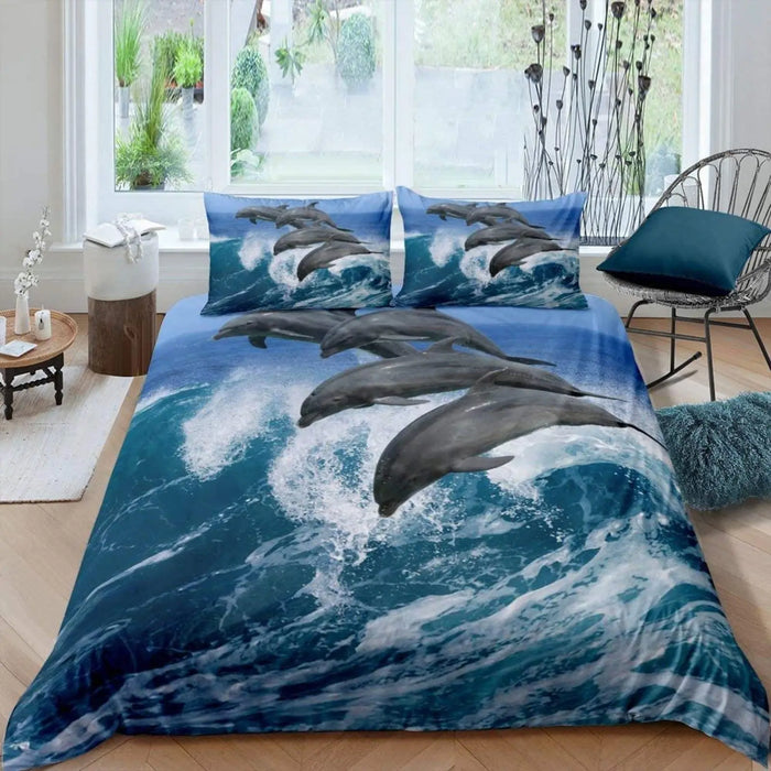 Juego de cama 3D con motivo de delfines - Motivo de mar azul en tamaño Queen y King para niños y adultos