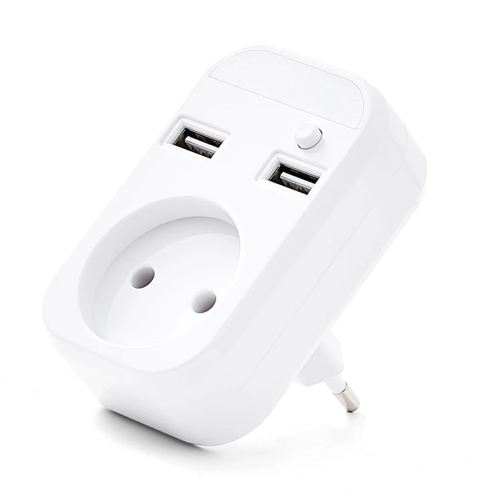 Adaptateur de prise murale USB ue avec 2 prises, 2 ports USB, veilleuse et interrupteur, rallonge 5V 2A Z4-02