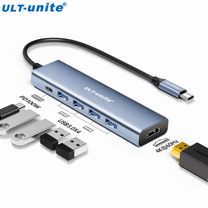 USB-C-Hub, 6-in-1-USB-C-auf-HDMI-Splitter, 4 USB-3.0-Datenanschlüsse, USB-C-Adapter mit 4K60Hz-HDMI-Anschluss, PD 100-W-Aufladung für iPad Pro