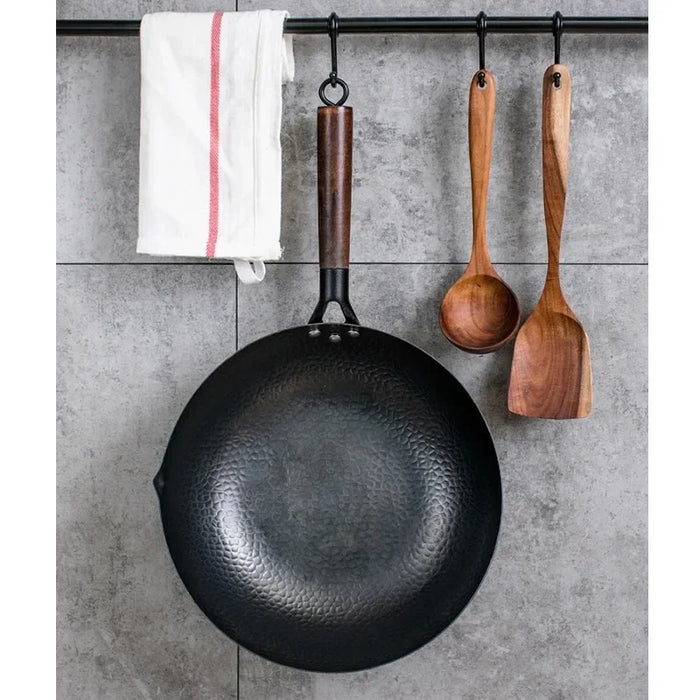 Wok Tradicional de 32 cm en Acero al Carbono - Antiadherente Premium con Tapa de Madera para todo tipo de fogones