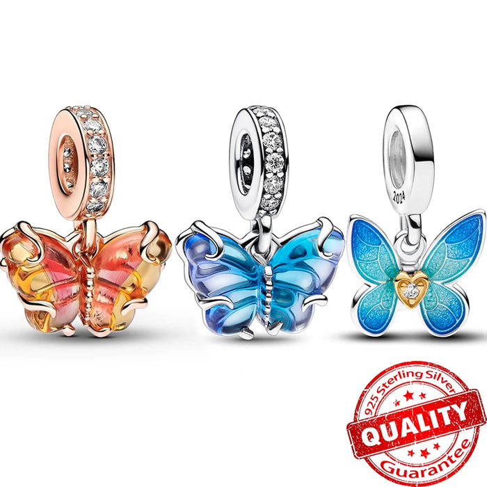 Original 925 Sterling Silber Charm mit rosa und gelbem Muranoglas, blauer Schmetterling passend für Pandora-Armband, personalisierter DIY-Schmuck