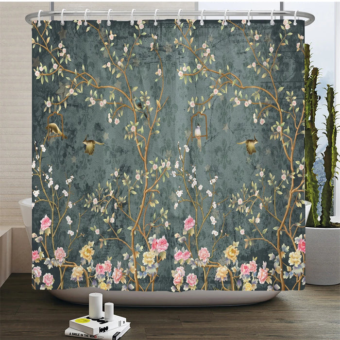 Rideau de douche fleurs et oiseaux de style chinois, décor de salle de bain étanche avec crochets, rideau de douche imprimé 3D