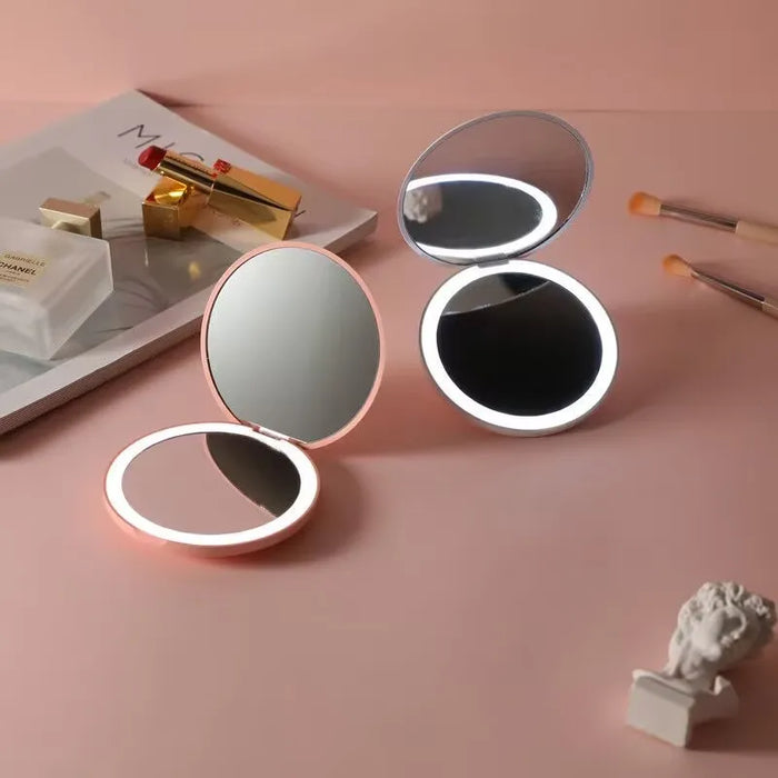 Espejo de maquillaje LED plegable con iluminación - Mini espejo de maquillaje en rosa y blanco para mujer