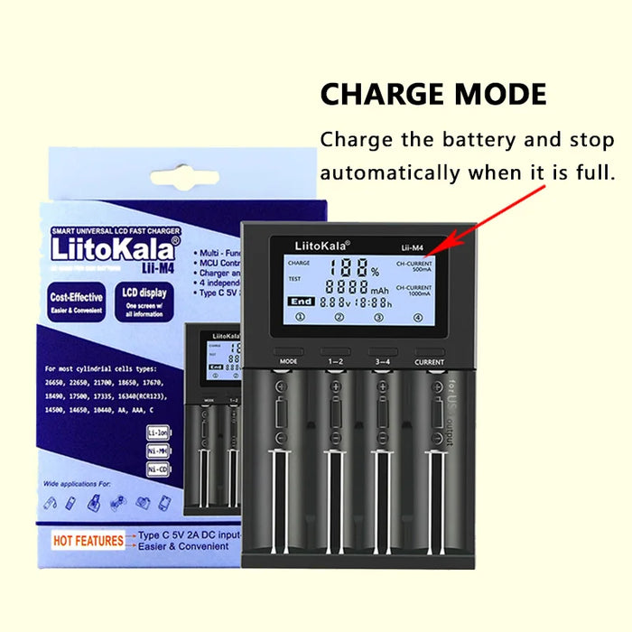 Chargeur LiitoKala Lii-M4 18650 avec écran LCD - Chargeur intelligent universel pour piles 26650, 18650, 21700, AA et AAA, 4 emplacements, 5V 2A