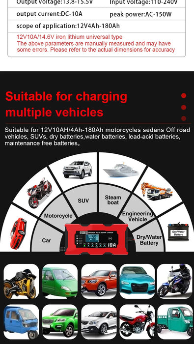 Cargador de batería universal de 12 V 10 A - Solución de carga de 14,6 V 10 A para motocicletas eléctricas, Lifepo4, plomo ácido y reparación inteligente de baterías de litio