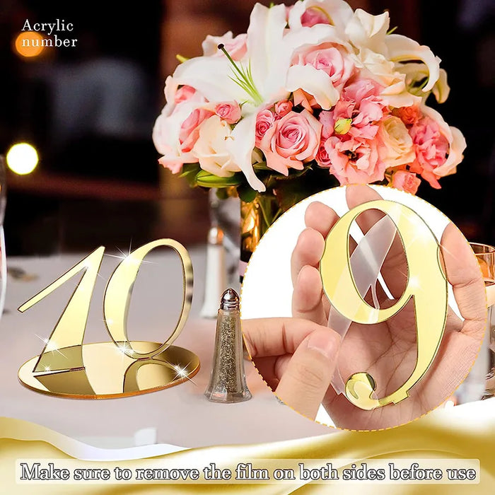 Lot de 10 numéros de table élégants en acrylique avec support doré – Numéros de table sophistiqués avec base miroir pour décorations de mariage et d'événements