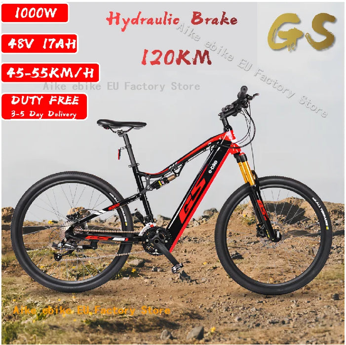 Bicicleta eléctrica GS 1000W 48V17AH con batería de litio, bicicleta de montaña eléctrica de 27,5 pulgadas con amortiguador delantero y trasero