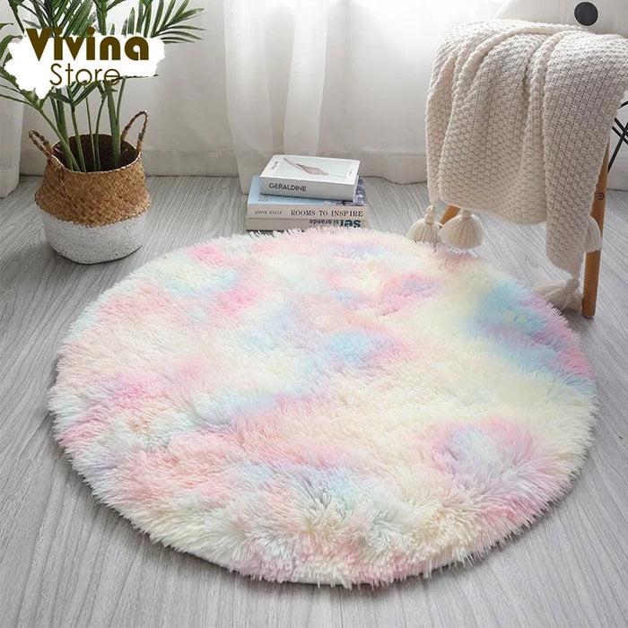 Round Green Plush Rug for Living Room - Fluffy Carpet for Sofa and Chairs, Long-Haired Floor Mat for Bathroom and Kids' Room Décor