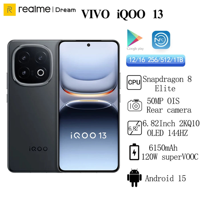 Neues ViVO iQOO 13 mit 6150-mAh-Akku, 120 W SuperVOOC, Snapdragon 8 Elite, 50-MP-Rückkamera mit OIS, 6,82'' 2K Q10 OLED 144 Hz, Android 15, IP68