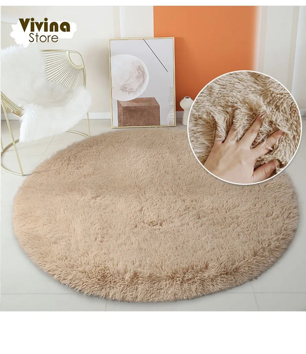 Round Green Plush Rug for Living Room - Fluffy Carpet for Sofa and Chairs, Long-Haired Floor Mat for Bathroom and Kids' Room Décor