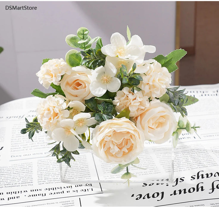 Eleganter Strauß aus Seidenpfingstrosen, Rosen und Hortensien – 7 Stiele künstlicher Blumen für Dekoration und Hochzeit