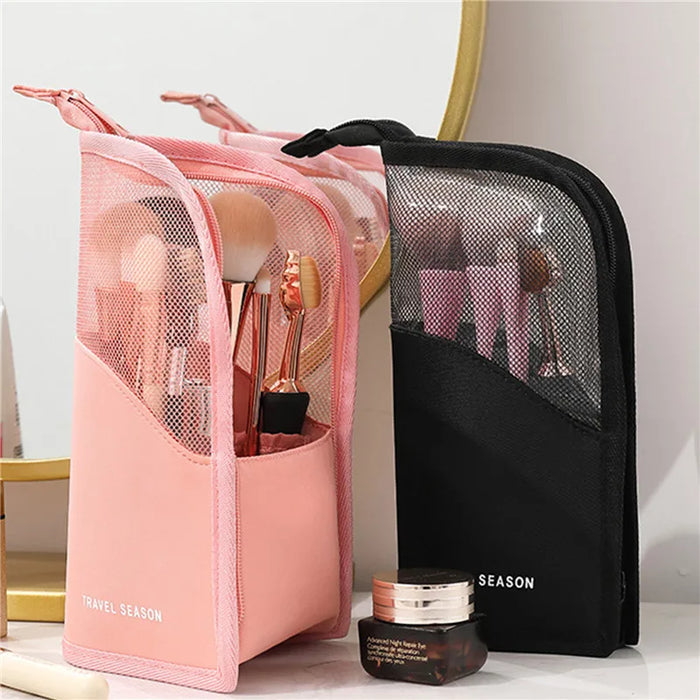 Makeup Brush Holder for Travel - Waterproof Cosmetic Bag, Foldable Makeup Mug with Zipper (Black + Pink)