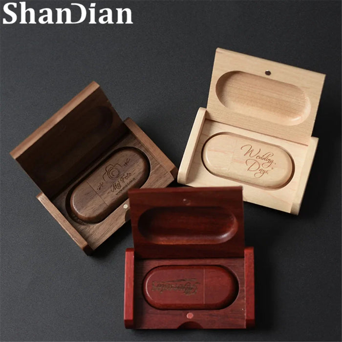 SHANDIAN Free LOGO Wooden + Box USB 2.0 Pen Drive 4GB 16GB 32GB 64GB Flash Drive Wedding Photography Gift U Disk