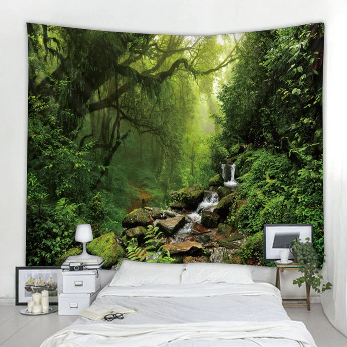 Magnifique papier peint cascade nature avec imprimé forêt et paysage marin - décoration murale hippie de style bohème avec motif mandala