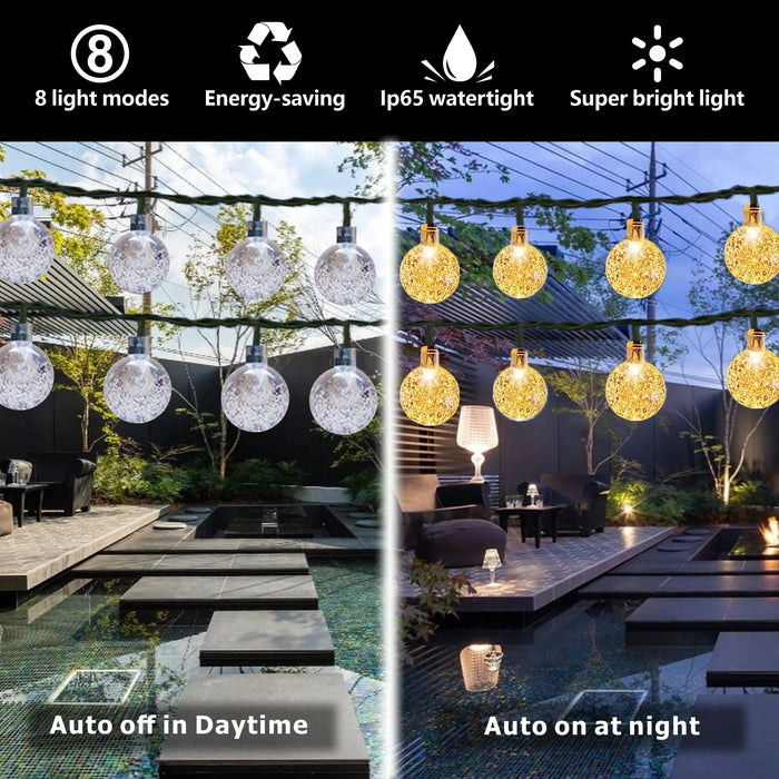 1 paquet de guirlandes solaires en forme de globe de cristal IP65 de 64 pieds, 100 LED, 8 modes d'éclairage pour une utilisation en extérieur, parfaites pour les fêtes d'Halloween et de Noël