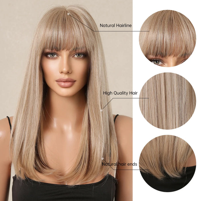 Perruque blonde avec mèches brunes – Perruque synthétique longue et lisse pour femme, aspect naturel avec frange, résistante à la chaleur pour cosplay