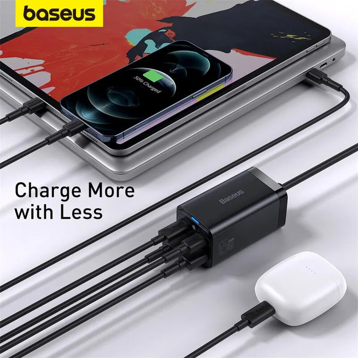 Baseus 65W GaN Desktop Fast Charger - Cargador 4 en 1 para portátil y teléfono móvil para iPhone 15, 14, 13 Pro Max, Xiaomi y Samsung