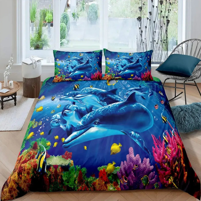 Juego de cama 3D con motivo de delfines - Motivo de mar azul en tamaño Queen y King para niños y adultos