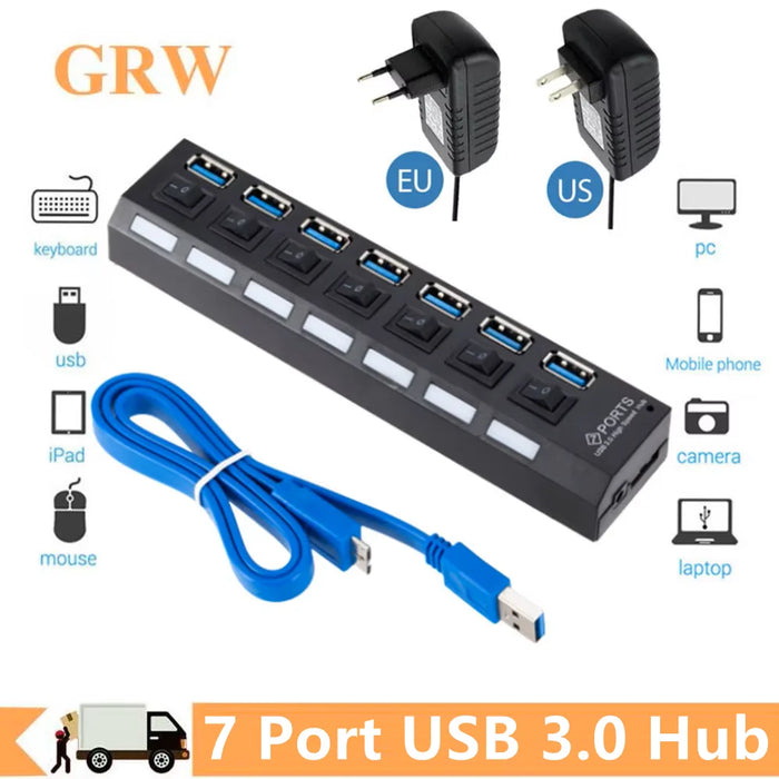 Hub USB 3,0, divisor de concentrador USB, concentrador Multi USB 3,0, divisor de concentrador de 4/7 puertos múltiples con adaptador de corriente, accesorios de ordenador, concentrador para PC