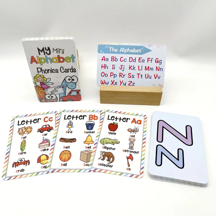 Tarjetas flash de bolsillo fonéticas del alfabeto inglés de 26 letras para educación temprana y aprendizaje de palabras en inglés